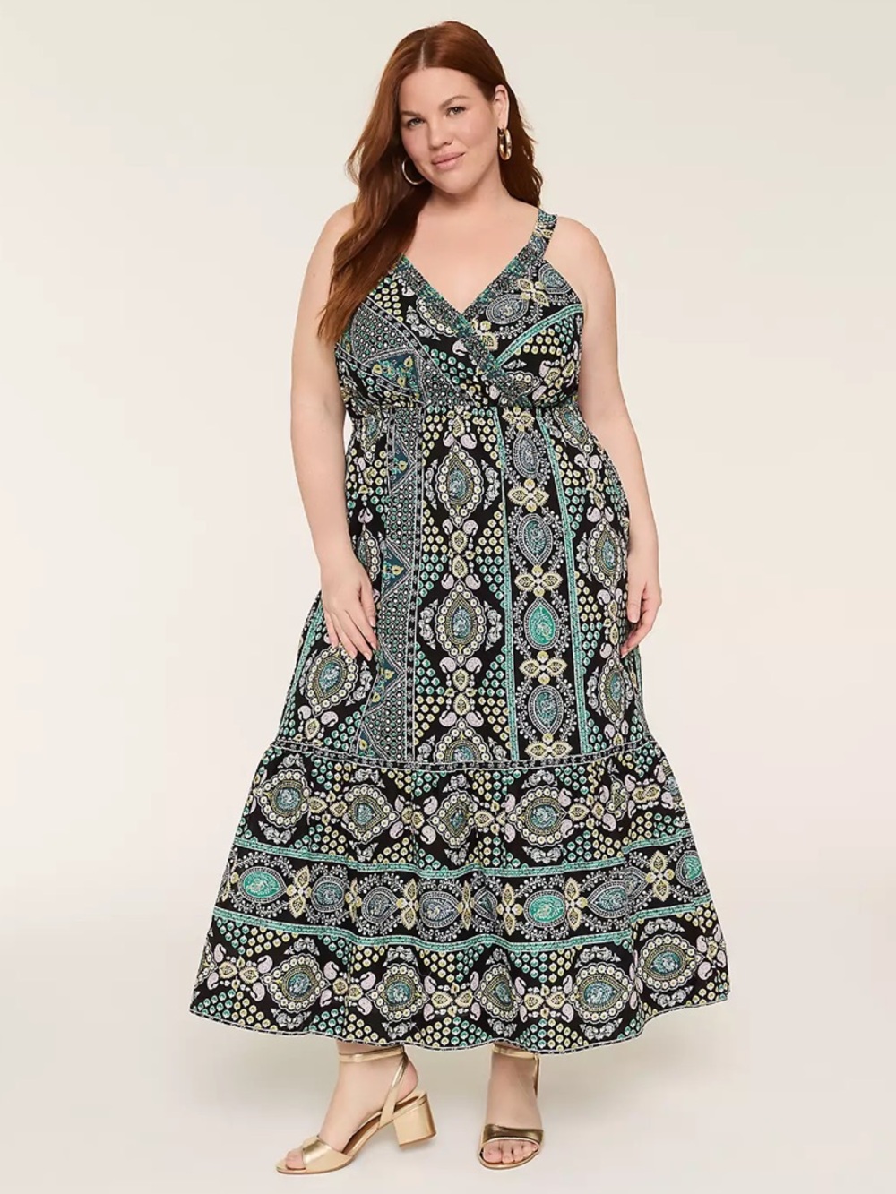 Lane Bryant Smocked Surplice V-Neck Maxi Dress Pink Green Paisley Print Size 24